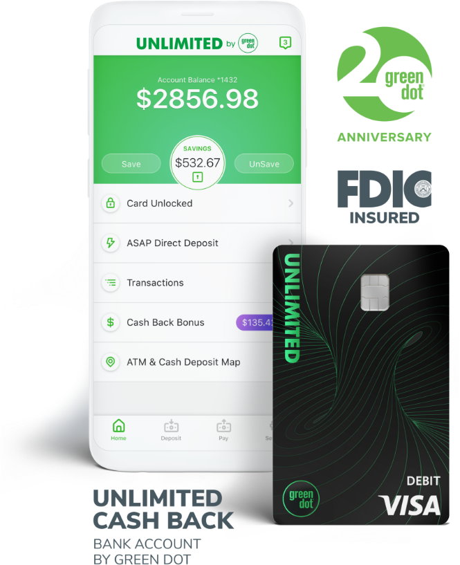 Green Dot Unlimited Cash Back Mobile Account Debit Cards