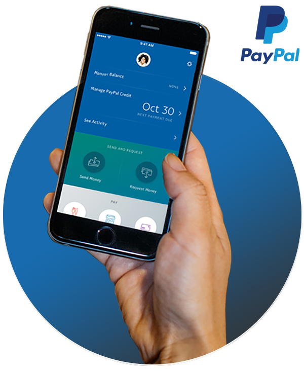 Hand holding phone with PayPal app screen